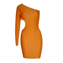 Sexy Fluorescent Orange One-shooulder Cut Out Clubwear Bodycon Mini Dress N6427