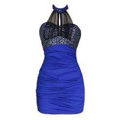 Sexy Royal Blue Sqeuins Halter Sleeveless Mini Dress Clubwear N6485