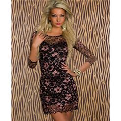 Pink Flower Black Lace Dress N6673