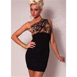 Black & Leopard Print One Shoulder Dress N6790